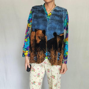 Vintage 90s Plush Bear Vest – Wildlife Print Faux Fur, Cozy Cottagecore Statement Layer O/S