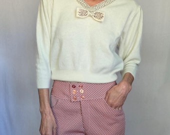 1990s MOGA Cashmere Sweater with Rhinestone Bow – Made in Japan