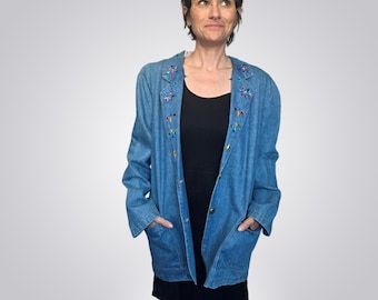 Veste blazer en jean : style vintage avec des accents de paillettes - Délavage bleu L