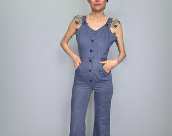 1970s Blue Cotton Denim Jumpsuit Button Front Flare