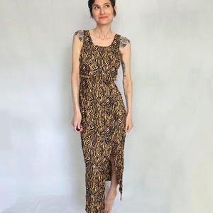 90s Jessica Zebra Print Maxi Dress – Beaded Fringe Tie-Back Dress