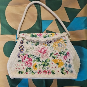 Vintage 1950s Beaded Floral Purse – White Seed Bead Handbag with Multicolor Embroidery & Gold Trim