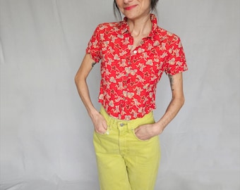 Vintage Y2K katoenen blouse: rode bloemen, korte mouw XS