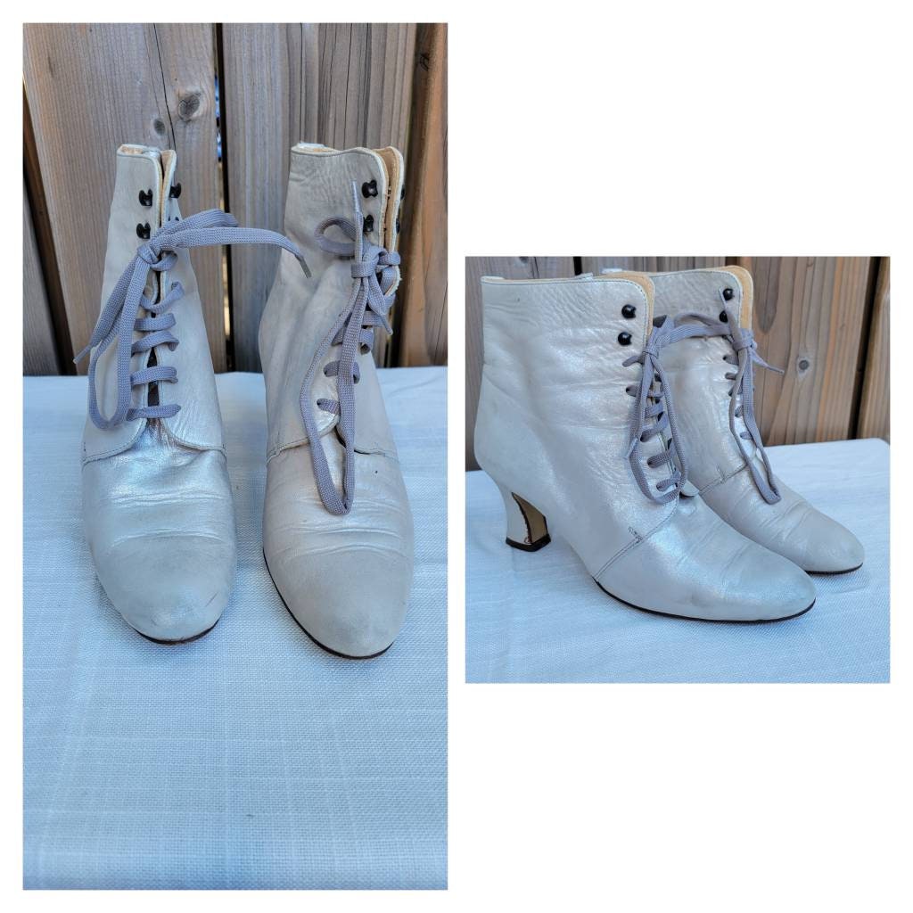 Silver Patent Lace-Up Boots, Authentic & Vintage