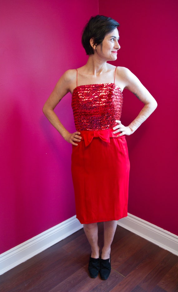1940's red sequin bow dress