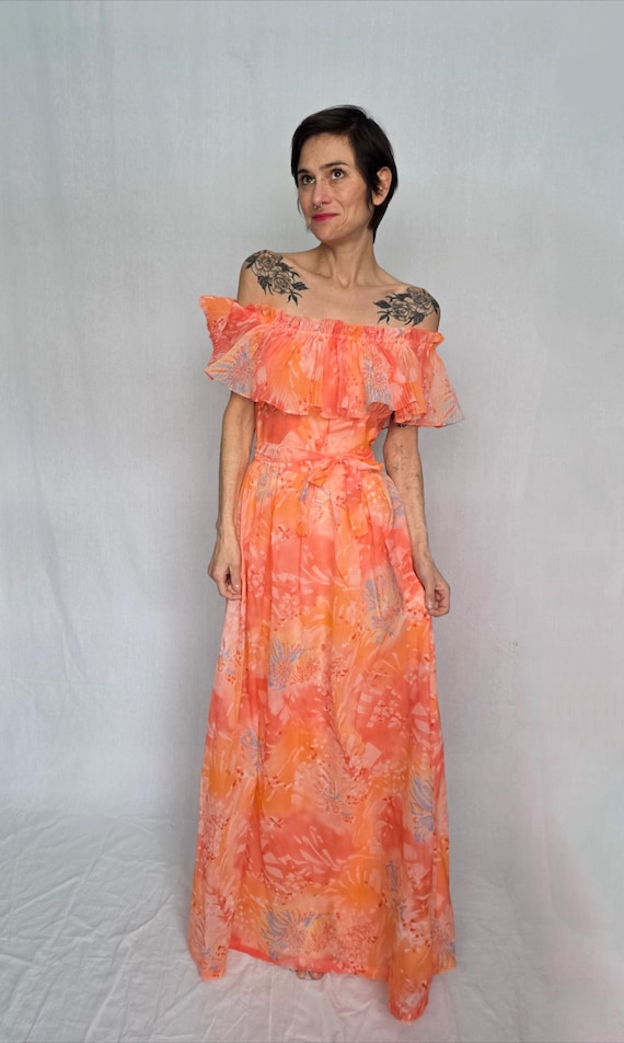 Off Shoulder Tropical Gown- Retro 70s Style (Flowy, Lightweight)
