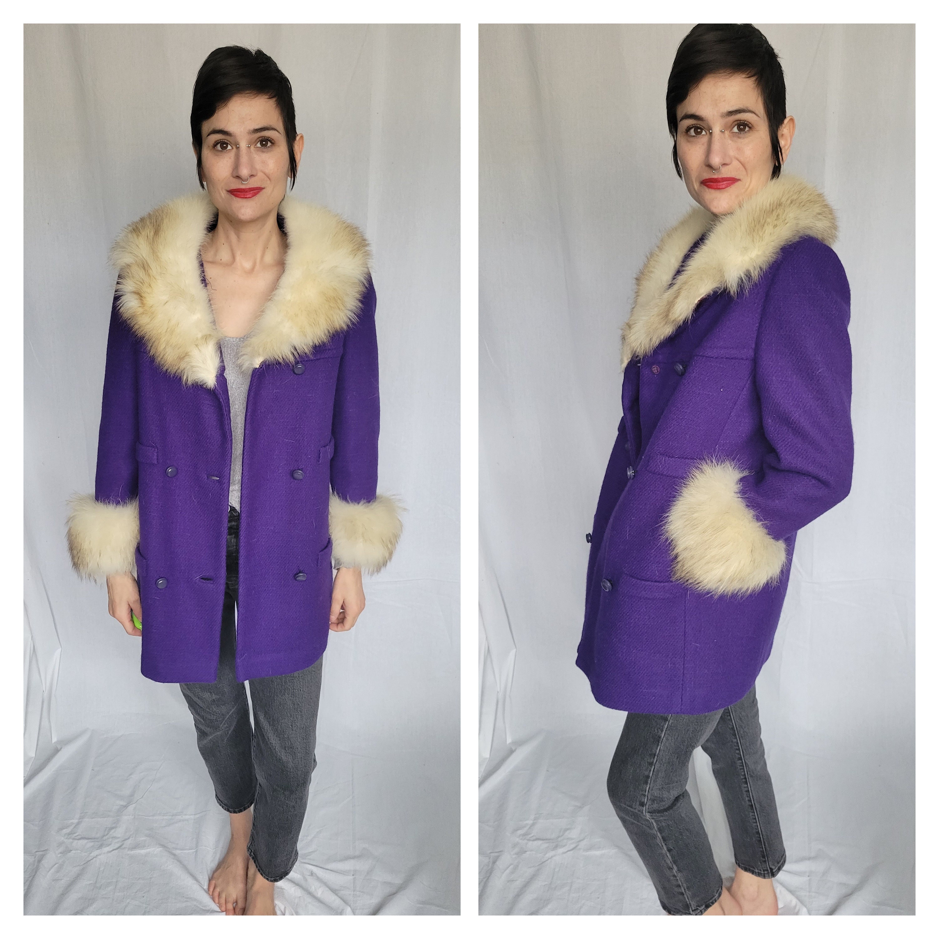 Purple coat with fur collar sale