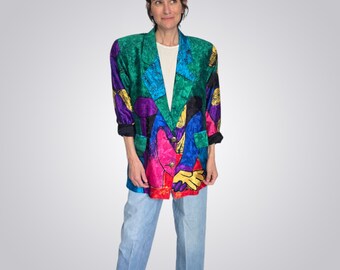 80s Vintage Picasso Print Silk Blazer, 80s Abstract Art Jacket