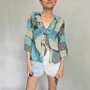Y2K Sheer Tie-Front Patchwork Blouse M