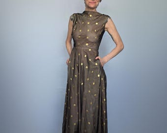 50s 60s Sheer Polka Dot Synthetic Chiffon Jumpsuit Gold Foil Overlay