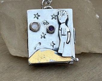 Little Prince Locket Necklace Inspired, Sterling Silver Moonstone, Amethyst & Lapis Lazuli, Handmade Literary Jewelry Gift