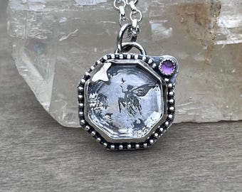 Sterling silver pendant with hidden fairy covered by quartz and amethyst on the side