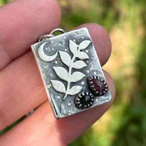 Sterling silver herbology book with plant and tourmalines, magic jewelry, celestial pendant with plant