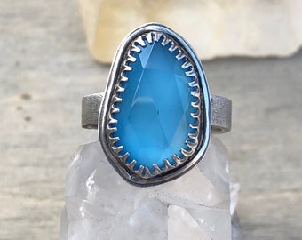 Sterling silver ring with rose cut chalcedony, blue stone ring