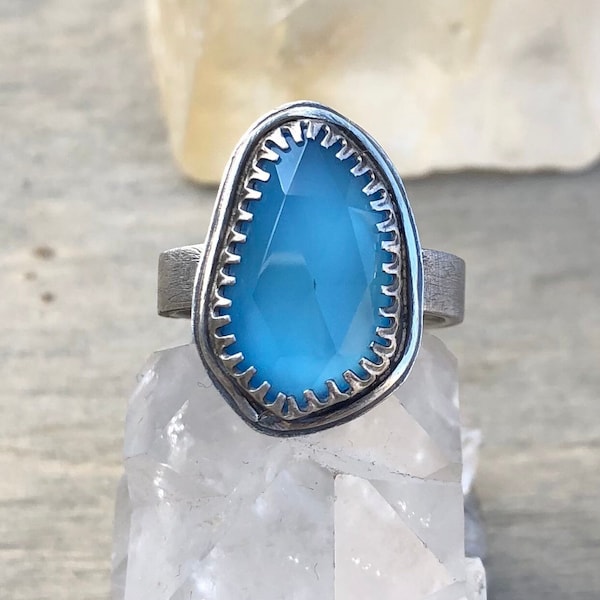 Sterling silver ring with rose cut chalcedony, blue stone ring