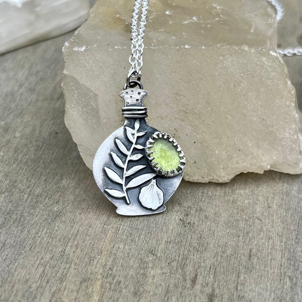 Sterling silver spell jar pendant with peridot and garlic, potion necklace, potion bottle pendant, spell jar with plants, witchy necklace