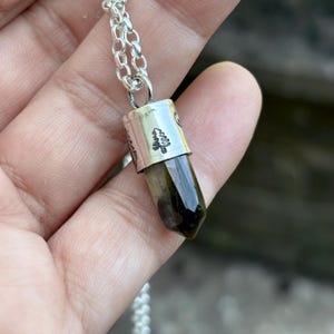 Prehnite Crystal Point Necklace, Sterling Silver Crystal Pendant, Hand Stamped Moon & Trees, Woodland Witch Jewelry