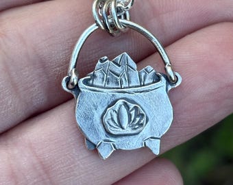 Cauldron Pendant, Sterling Silver Witchy Necklace with Crystal Detail & Lotus Symbol, Handmade in the UK