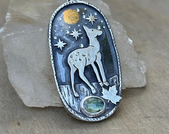 Deer Necklace with Green Tourmaline — Nature-Inspired Sterling Silver and Gold  Jewelry, Forest & Moon Gift