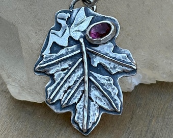 Silver Leaf Fairy Necklace with Tourmaline, Sterling Silver Woodland Pendant, Fairycore Jewelry, Nature Fantasy Gift Necklace
