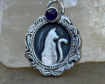 Sterling silver gothic style cat pendant with amethyst, cameo style cat pendant