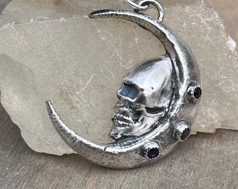 Moon and Skull Pendant with Labradorite, Amethyst and Garnet — Sterling Silver Gothic Jewelry, Unique Statement Gift