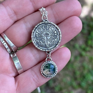 Sterling Silber botanischer Anhänger mit Moosachat, doppelseitiger Anhänger, Baum des Lebens Anhänger