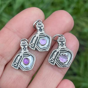 Sterling silver dreams spell jar pendant with amethyst, silver bottle pendant, magic jewelry