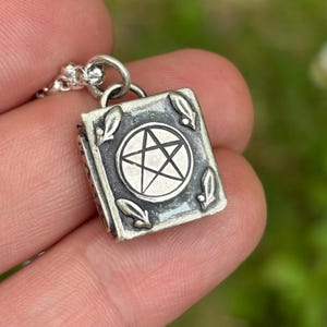 Sterling silver book of magic pendant with leaves and pentagram, witchy jewelry, silver book pendant, pentacle pendant
