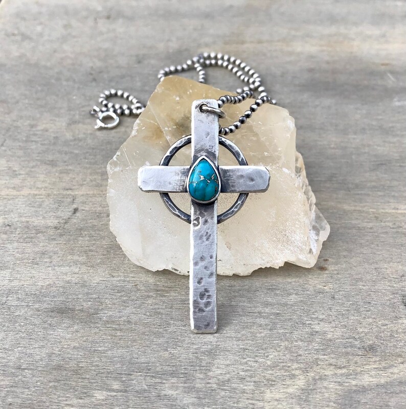 long cross necklace Solid sterling silver celtic cross necklace with turquoise unisex jewelry