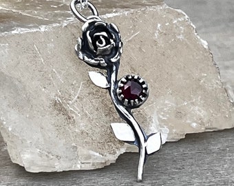 Sterling silver rose pendant with garnet, rose pendant necklace, flower pendant