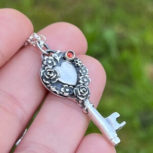 Sterling silver key pendant with garnet, silver flower key pendant, romantical key pendant