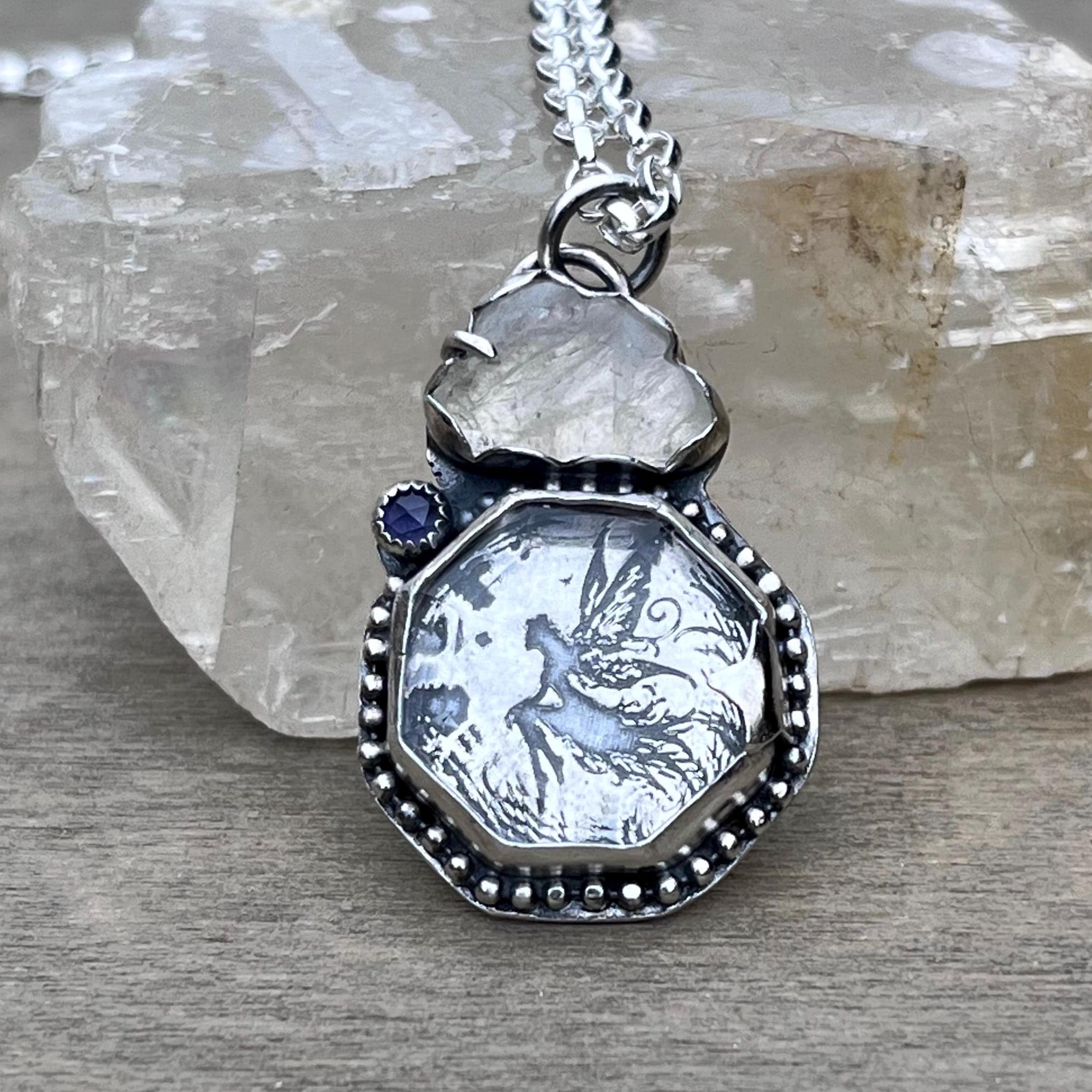 Sterling silver pendant with hidden fairy covered by quartz, pendant with iolite and moonstone cloud, fairy jewelry
