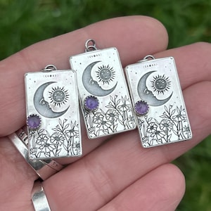 Pendentif céleste en argent sterling avec améthyste, pendentif sorcier lune et soleil en argent