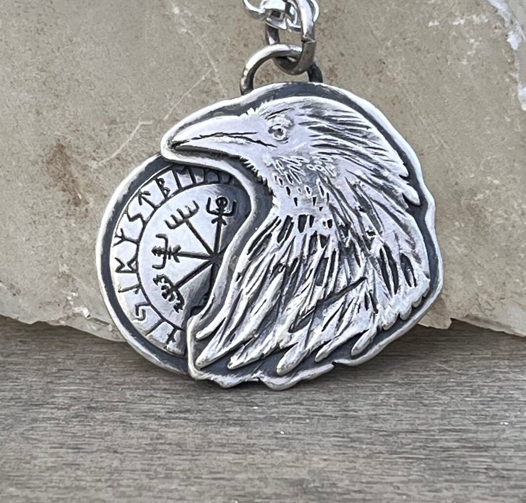 Sterling Silver Raven Pendant Necklace: Runic Compass Crow Amulet - Etsy