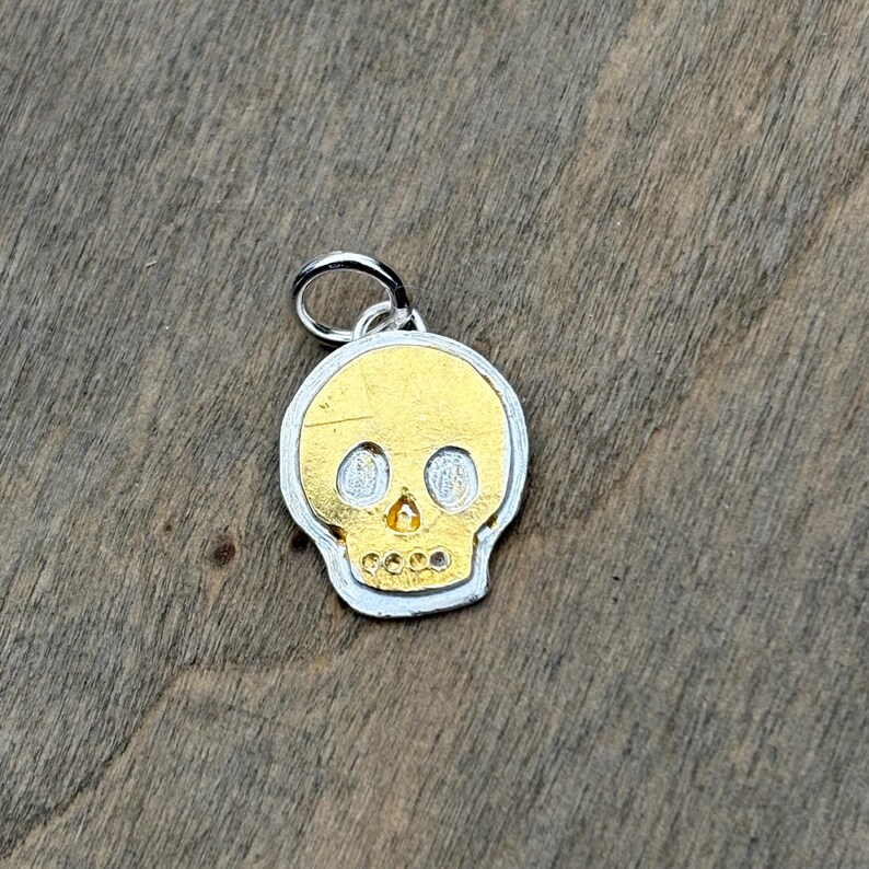 Op de afbeelding: Een zilveren en gouden schedel hanger. De schedel heeft een gouden gezicht met twee oogkassen en een neusholte. De hanger heeft een zilveren rand en een zilveren lus voor een ketting. De hanger ligt op een houten oppervlak.