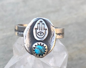Silver Hamsa hand ring with turquoise, protection jewelry, khamsah amulet ring, evil eye protection