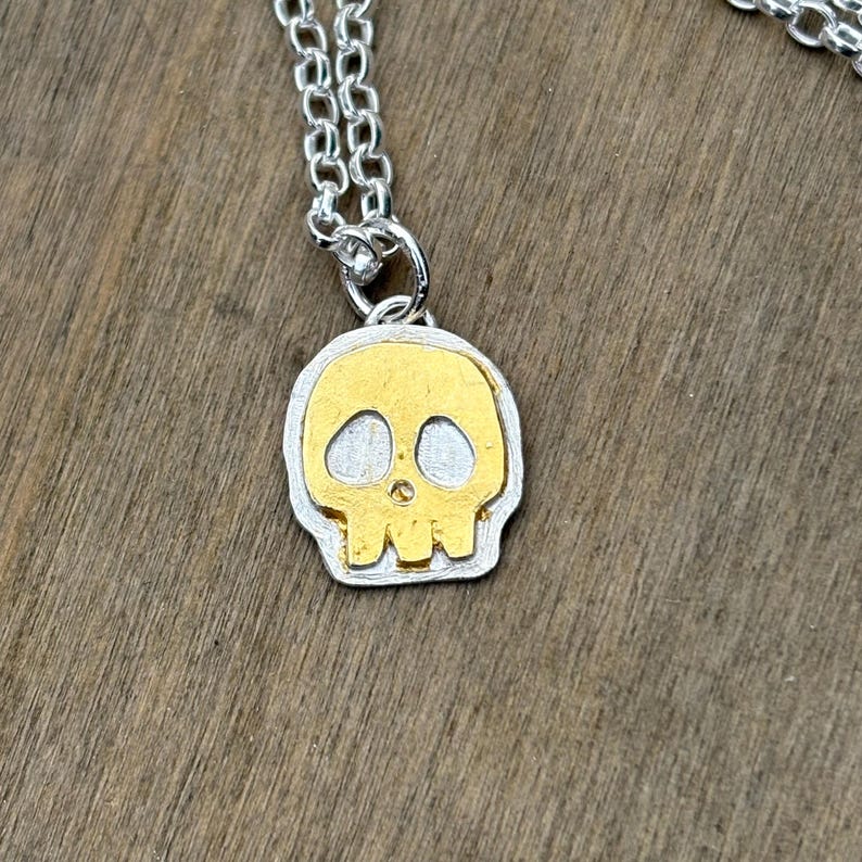 Op de afbeelding: Een zilveren ketting met een goudkleurige schedel hanger. De schedel hanger heeft een gouden midden en een zilveren rand. De hanger is een gestileerde weergave van een menselijke schedel.