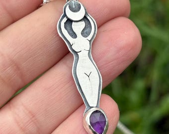 Goddess Amethyst Necklace – Sterling Silver Sacred Feminine Pendant, Moon Goddess Jewelry, Amethyst Talisman, Pagan Spiritual Necklace
