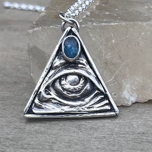 Sterling silver all seeing eye pendant with kyanite, silver third eye pendant necklace
