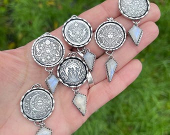 Sterling silver celestial pendant with moonstone and optional design, goddess pendant, witchy pendant, Christmas gift  for her
