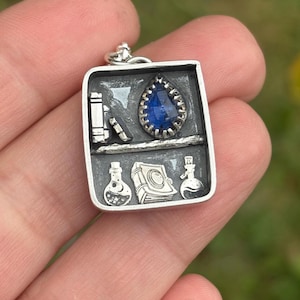 Silver Potion Shelf Pendant with kyanite – Witchy Fantasy Necklace, silver witchy jewelry