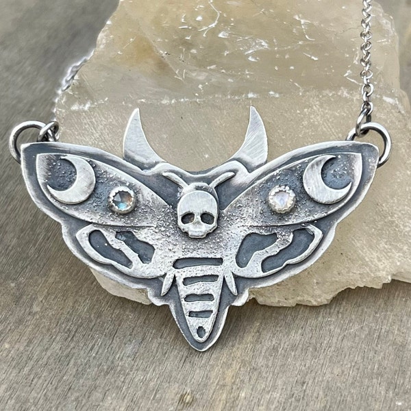 Sterling silver death's head hawkmoth pendant, Skull moth necklace