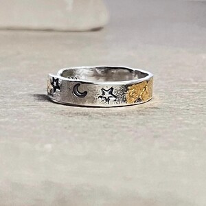 Rustic Sterling Silver Celestial Ring: 24k Gold Accents, Adjustable Band