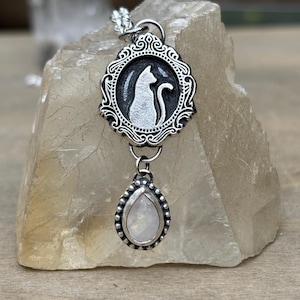 Sterling silver gothic style cat pendant with moonstone, cameo style cat pendant, Sterling Silver Cat Silhouette Pendant with Moonstone Drop