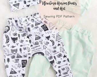 Baby Harem Pants Pattern + Newborn Hat Pattern / PDF sewing pattern / Baby leggings sewing pattern/ Baby shower gift set / NB Only