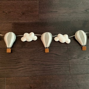 Handmade felt garland, hot air balloons, clouds,