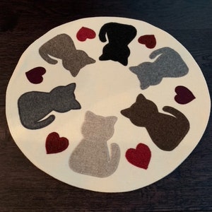 Handmade wool candle/ place mat - cats and hearts