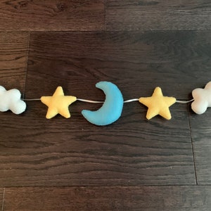 Handmade felt garland, stars, moon, clouds, nursery, decoration