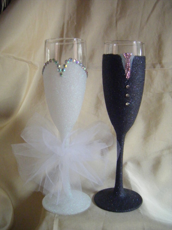 Tutu Bride And Black Groom Glittered Champagne Flutes Etsy